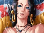  1girl bare_shoulders bbdbg03 black_hair blue_eyes boa_hancock earrings jewelry long_hair looking_at_viewer necklace one_piece open_mouth portrait snake_earrings solo teeth upper_teeth_only water 