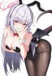  absurdres animal_ears bent_over black_leotard blue_archive breasts cleavage demon_tail halo haruna_(blue_archive) highres leaning_forward leotard long_hair pantyhose playboy_bunny rabbit_ears rahy red_eyes single_wing smile tail white_hair wings wrist_cuffs 