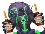  1boy armor baseball_cap black_hair black_tongue blazblue blazblue:_central_fiction drink english_commentary green_eyes green_hair hair_tubes hat hennessy highres holding holding_drink kreuzer_00 male_focus multicolored_hair open_mouth reaching reaching_towards_viewer signature susanoo_(blazblue) tail teeth two-tone_hair veins veiny_arms 