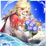  1boy :d black_gloves blonde_hair blue_sky blush border bouquet cape commentary_request day earrings eyelashes feather_hair_ornament feathers flower genshin_impact gloves gold_trim hair_between_eyes hair_ornament highres holding holding_bouquet jewelry kamino_eru kaveh_(genshin_impact) knees_up leaf long_hair long_sleeves male_focus open_mouth outside_border parted_bangs petals purple_flower red_cape red_eyes round_teeth shirt sidelocks sky smile solo sumeru_rose_(genshin_impact) tassel teeth tongue water white_border white_shirt 
