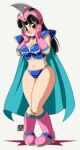  0tacat 1girl absurdres aged_up aqua_cape armor bikini_armor black_eyes black_hair blue_choker blush boots breasts cape chi-chi_(dragon_ball) choker cleavage commentary commission dragon_ball dragon_ball_(classic) elbow_gloves english_commentary full_body gloves helmet highres hime_cut knee_boots large_breasts long_hair navel open_mouth pink_footwear pink_gloves pink_headwear shoulder_armor signature smile solo 