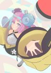  1girl breasts character_hair_ornament grey_pantyhose hair_ornament hexagon_print highres iono_(pokemon) jacket magnemite multicolored_hair oversized_clothes pantyhose pink_eyes pokemon pokemon_(game) pokemon_sv rein-j sharp_teeth single_leg_pantyhose small_breasts smile split-color_hair teeth two-tone_hair very_long_sleeves x yellow_jacket 