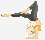  1girl absurdres apopfonz barefoot black_pants blonde_hair breasts coco_schoppenboer handstand highres long_hair medium_breasts midriff ongezellig pants ponytail profile simple_background solo sports_bra upside-down white_background yellow_sports_bra yoga_pants 