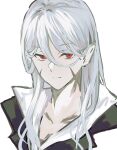  1boy absurdres bram_stoker_(bungou_stray_dogs) bungou_stray_dogs closed_mouth collarbone collared_shirt highres jellyfish_sz long_hair looking_at_viewer male_focus red_eyes scar scar_on_cheek scar_on_face shirt simple_background solo upper_body white_background white_hair white_shirt 