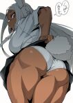  1girl animal_ears ass black_skirt boku_no_hero_academia breasts dark-skinned_female dark_skin from_behind highres large_breasts leaning_forward long_eyelashes long_hair looking_at_viewer looking_back mikoyan mirko muscular muscular_female panties parted_bangs pleated_skirt rabbit_ears rabbit_girl rabbit_tail red_eyes school_uniform shirt skirt sleeves_rolled_up solo tail tail_through_clothes thick_thighs thigh_gap thighs underwear very_long_hair white_background white_hair white_panties white_shirt 