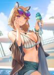  1girl :q absurdres animal_ear_fluff animal_ears arknights bikini blue_shorts blue_sky breasts cloud double_scoop eyewear_on_head food grey_bikini highres holding holding_food ice_cream ice_cream_cone jewelry large_breasts licking_lips looking_at_viewer navel necklace official_alternate_costume purple_eyes short_hair short_shorts shorts sky smile solo stomach striped striped_bikini sunglasses swimsuit tinted_eyewear tongue tongue_out utage_(arknights) utage_(summer_flowers)_(arknights) vertical-striped_bikini vertical_stripes yoshimori_isa 