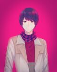  1boy blue_eyes brown_jacket den_10_chu_10 heterochromia highres jacket kamen_rider kamen_rider_build_(series) kiryuu_sento light_smile male_focus pink_background red_eyes scarf smile trench_coat two-tone_sweater upper_body 