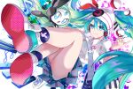  1girl aqua_eyes aqua_hair bag beamed_eighth_notes beanie collared_shirt commentary eighth_note green_hair hat hatsune_miku headphones long_hair meloetta musical_note pleated_skirt poke_ball poke_ball_(basic) pokemon pokemon_(creature) project_voltage psychic psychic_miku_(project_voltage) shirt shoe_soles shoulder_bag skirt smile twintails twitter_username tyouya very_long_hair vocaloid white_headwear white_shirt 