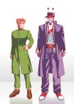  2boys alternate_color antennae black_hair colored_skin diamond_wa_kudakenai gakuran hand_on_own_hip hat jojo_no_kimyou_na_bouken kakyoin_noriaki kujo_jotaro lanxjourney male_focus multiple_boys parody purple_eyes purple_skin red_eyes school_uniform shoes shoulder_belt sneakers stardust_crusaders turtleneck vest 