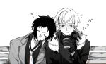  2boys akat42273008 akutagawa_ryuunosuke_(bungou_stray_dogs) blush bungou_stray_dogs closed_eyes closed_mouth collared_shirt cup fur-trimmed_jacket fur_trim gloves greyscale hand_up head_on_another&#039;s_shoulder highres holding holding_cup jacket male_focus monochrome multicolored_hair multiple_boys nakajima_atsushi_(bungou_stray_dogs) necktie shirt short_hair sleeping two-tone_hair upper_body yaoi 