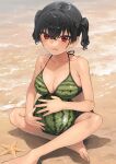  1girl :q barefoot beach bikini black_hair breasts collarbone commentary_request food fruit gaki_kyonyuu green_bikini hair_between_eyes highres holding holding_food holding_fruit indian_style kaedeko_(kaedelic) large_breasts looking_at_viewer oppai_loli red_eyes sand sasaki_kanna_(kaedeko) short_hair sitting solo striped striped_bikini suika_game swimsuit toes tongue tongue_out twintails watermelon 