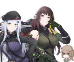  assault_rifle beret blunt_bangs breasts brown_eyes brown_hair call_of_duty call_of_duty:_mobile check_commentary chibi chibi_inset closed_mouth commentary commentary_request facial_mark german_flag girls&#039;_frontline gloves goggles goggles_around_neck green_eyes green_hair grey_hair grey_tank_top gun hair_ornament hat highres hk416_(girls&#039;_frontline) holding holding_gun holding_weapon jacket long_hair long_sleeves looking_at_viewer m4a1_(girls&#039;_frontline) m4a1_(mod3)_(girls&#039;_frontline) mask multicolored_hair multiple_girls narchiart open_collar particle_cannon_case patrol_cap ponytail rifle simple_background skull_mask streaked_hair tank_top teardrop teardrop_facial_mark teardrop_tattoo urban_tracker_(call_of_duty:_mobile) very_long_hair weapon white_background 