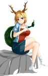  1girl antlers blonde_hair blue_shirt blue_skirt blush crossed_legs doge_(jkdoge) dragon_horns dragon_tail highres horns kicchou_yachie red_eyes red_shirt shirt short_hair skirt socks tail touhou white_socks 