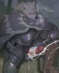  2023 anthro armor balls biped blaidd_(elden_ring) bodily_fluids canid canine canis cape clothed clothing cum cumshot digital_drawing_(artwork) digital_media_(artwork) ejaculation elden_ring english_text erection foxfawl fromsoftware fur genital_fluids genitals glans grey_body grey_fur handjob hi_res humanoid_genitalia humanoid_penis male mammal penile penis saliva scar sex solo teeth text url wolf 