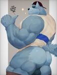  3:4 anthro backwards_hat balls blue_body blue_fur butt canid canine canis cartoon_network clothing english_text eyebrows freddyv7205172 fur genitals hat headgear headwear hi_res male mammal muscular muscular_anthro muscular_male shirt solo tail text topwear we_baby_bears we_bare_bears wolf wolf_(we_baby_bears) 