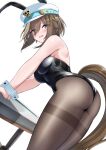  1girl animal_ears ass back-seamed_legwear bent_over blue_eyes breasts brown_hair cheval_grand_(umamusume) commentary_request fake_animal_ears herohero_(higashi_no_dou) highres horse_ears horse_girl horse_tail looking_at_viewer medium_breasts open_mouth pantyhose playboy_bunny rabbit_ears seamed_legwear simple_background solo sweat table tail thighband_pantyhose umamusume white_background 