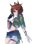  1girl absurdres agnes_tachyon_(lunatic_lab)_(umamusume) agnes_tachyon_(umamusume) ahoge animal_ears bikini bikini_under_clothes black_bikini black_gloves blue_shorts breasts brown_hair caustics closed_mouth cowboy_shot cutoffs gloves green_jacket hair_between_eyes hand_up highres horse_ears horse_girl horse_tail jacket looking_at_viewer medium_breasts midriff navel pouch red_eyes short_hair short_shorts short_sleeves shorts simple_background single_glove smile solo swimsuit tail thigh_strap tied_jacket umamusume watou white_background 