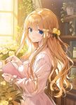  1girl blonde_hair blue_eyes blush book bottle breasts character_request cleavage copyright_request flower from_side hair_flower hair_ornament highres holding holding_book indoors kimishima_ao large_breasts light_smile long_hair long_sleeves looking_at_viewer open_book plant potted_plant solo standing upper_body window 