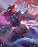  1girl ahri_(league_of_legends) animal_ears artist_name breasts cherry_blossoms cleavage cloud detached_sleeves facial_mark falling_petals fingernails foot_out_of_frame fox fox_ears fox_girl fox_tail full_body hair_between_eyes highres incoming_attack large_breasts league_of_legends long_hair looking_ahead multiple_tails nail_polish official_alternate_costume official_alternate_hairstyle outdoors parted_lips petals pink_nails pink_petals sharp_fingernails sidelocks sky smile soles solo spirit spirit_blossom_(league_of_legends) spirit_blossom_ahri standing standing_on_one_leg tail toeless_legwear toes tree whisker_markings wide_sleeves yuke_(weibo) 