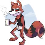  anthro barefoot beverage black_body black_clothing black_fur black_nose black_shirt black_tank_top black_topwear briefs brown_body brown_fur bulge clothing coffee coffee_cup container cup detailed_background feet fur goronic guardians_of_the_galaxy hi_res holding_beverage holding_object male mammal marvel open_mouth procyonid raccoon red_sclera rocket_raccoon shirt solo steam tank_top teeth_showing tighty_whities topwear underwear white_body white_briefs white_clothing white_fur white_underwear 