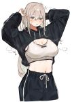  1girl ? absurdres arms_up black_jacket black_pants blush breasts cleavage commentary_request cropped_jacket cropped_legs drawstring flying_sweatdrops green_happy000 grey_eyes grey_hair hair_between_eyes highres jacket large_breasts long_hair looking_down midriff navel original pants parted_lips simple_background solo sports_bra sweat sweatpants translation_request white_background white_sports_bra 