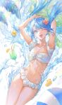  1girl absurdres arms_up ball beachball bikini blue_eyes blue_hair breasts collarbone commentary cowboy_shot cup drinking_glass drinking_straw floating_hair flower frilled_bikini frills hair_flower hair_ornament hatsune_miku highres holding jewelry kinakomocci518 light_blush long_hair looking_at_viewer navel necklace one_eye_closed open_mouth rainbow rubber_duck small_breasts smile solo stomach swimsuit symbol-only_commentary teeth twintails upper_teeth_only very_long_hair vocaloid water white_bikini 