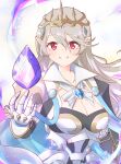 1girl absurdres armor breasts brooch capelet cleavage collar commentary_request corrin_(female)_(fire_emblem) corrin_(female)_(silent_bloodline)_(fire_emblem) corrin_(fire_emblem) crown dragonstone family_crest fire_emblem fire_emblem_fates fire_emblem_heroes gauntlets grin highres ikonaska jewelry looking_at_viewer medium_breasts official_alternate_costume pointy_ears red_eyes smile solo teeth upper_body white_capelet white_hair 