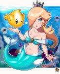  1girl absurdres air_bubble artist_name blonde_hair blooper_(mario) blue_eyes bracelet breasts bubble cheep_cheep cleavage crown earrings hair_over_one_eye highres holding holding_wand jewelry letterboxed long_hair looking_at_viewer luma_(mario) mario_(series) mermaid midriff monster_girl navel one_eye_closed outline rosalina sarukaiwolf seaweed underwater wand watermark white_outline 