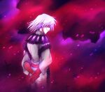  1boy akai_senhon arms_behind_back coat cowboy_shot cross fog from_behind fur_trim gloves hair_over_eyes holding_own_arm light_particles looking_back medium_hair red_background red_gloves red_theme smile white_coat white_hair wolfram_(wolfsmund) wolfsmund 