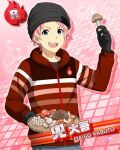  1boy beanie black_gloves black_headwear card_(medium) character_name coat gloves hat holding holding_mushroom idolmaster idolmaster_side-m kabuto_daigo long_sleeves looking_at_viewer male_focus mushroom official_art open_mouth pink_background pink_hair solo 