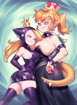  :&lt; armlet ass asymmetrical_docking black_dress blonde_hair blue_eyes bowsette bracelet breast_press breasts collar crown dress fang fingernails hands_on_own_hips highres jewelry large_breasts mario_(series) mario_power_tennis mario_tennis pointy_ears red_eyes sharp_fingernails spiked_armlet spiked_bracelet spiked_collar spiked_shell spiked_tail spikes super_crown supersatanson tail thick_eyebrows thighhighs v-shaped_eyebrows warupeach 
