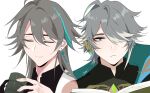  2boys alhaitham_(genshin_impact) black_shirt closed_eyes closed_mouth collared_shirt company_connection cup english_commentary facing_viewer genshin_impact green_eyes grey_hair highres holding holding_cup honkai_(series) honkai_impact_3rd long_hair long_sleeves male_focus mihoyo mug multiple_boys shirt simple_background smile su_(honkai_impact) white_background yunyoho20 