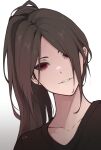 1girl absurdres brown_hair brown_shirt collarbone english_commentary head_tilt highres hitozche long_hair looking_at_viewer original parted_lips ponytail red_eyes shirt signature simple_background solo teeth white_background 