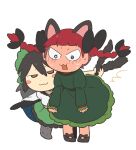  2girls :3 animal_ears bird_wings black_hair blunt_bangs blush blush_stickers bow braid brown_eyes cape cat_ears cat_tail chibi citrus_(place) commentary_request dress floating_hair flustered full-face_blush full_body green_dress hair_between_eyes hair_bow hair_ribbon half-closed_eyes highres jitome juliet_sleeves kaenbyou_rin long_sleeves multiple_girls multiple_tails nekomata pigeon-toed puffy_sleeves red_hair reiuji_utsuho ribbon simple_background tail touhou tress_ribbon twin_braids two_tails v-shaped_eyebrows white_background wide-eyed wings 