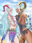  2girls alboeire animal_ears ankh arknights armlet arms_under_breasts bare_shoulders beach bikini black_one-piece_swimsuit blue_hair blue_sky blush breast_press breasts carnelian_(arknights) carnelian_(shimmering_dew)_(arknights) cleavage cloud cowboy_shot crossover curled_horns dark-skinned_female dark_skin day fire_emblem fire_emblem_heroes flower flower_necklace freyja_(fire_emblem) freyja_(summer)_(fire_emblem) goat_ears goat_girl goat_horns gold_horns grey_hair hair_flower hair_ornament hands_on_own_hips highres horizon horns jewelry large_breasts long_hair looking_at_another mature_female multicolored_hair multiple_girls navel necklace ocean official_alternate_costume one-piece_swimsuit outdoors red_eyes red_horns sand short_hair sky smile stare_down swimsuit symmetrical_docking trait_connection water white_bikini white_hair 