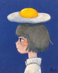  1girl bangs blue_background blue_eyes bob_cut brown_hair canvas_(medium) closed_mouth collared_shirt food food_on_head fried_egg from_side highres object_on_head original portrait profile shirt short_hair signature simple_background smile solo tokunaga_aoi traditional_media white_shirt 
