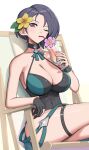  1girl absurdres bare_shoulders beach_chair black_choker black_gloves black_hair black_one-piece_swimsuit breasts choker cocktail_glass commentary crossed_legs cup drinking drinking_glass drinking_straw fire_emblem fire_emblem:_three_houses fire_emblem_heroes flower gloves gonzarez green_one-piece_swimsuit hair_flower hair_ornament halterneck hibiscus highres holding holding_cup large_breasts looking_at_viewer official_alternate_costume one-piece_swimsuit one_eye_closed partially_fingerless_gloves purple_eyes shamir_nevrand shamir_nevrand_(summer) short_hair simple_background single_glove sitting solo swimsuit thigh_strap tropical_drink two-tone_swimsuit 