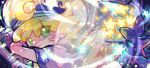  1girl amitie_(puyopuyo) blonde_hair bottle bow capelet chromatic_aberration doradorakingyo facial_mark fairy_wings green_eyes highres looking_at_viewer looking_back purple_bow purple_capelet puyopuyo puyopuyo_fever puyopuyo_quest short_hair smile solo sparkle star_(symbol) transparent_wings twitter_username whisker_markings wings yellow_headwear 