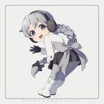  1girl 310123 \||/ back_bow black_bow black_gloves black_skirt boots border bow braid braided_ponytail chibi clenched_hand coat commentary_request earmuffs from_behind full_body gloves grey_bow grey_eyes grey_hair grey_pantyhose hair_bow hand_up highres knee_boots leaning_forward long_hair long_sleeves looking_at_viewer looking_back open_mouth pantyhose raised_eyebrows sekka_yufu simple_background skirt smile solo standing utau very_long_hair waving white_background white_border white_coat white_footwear winter_clothes winter_coat 
