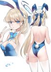  1girl absurdres animal_ears ass back backless_outfit bare_back bare_shoulders blonde_hair blue_archive blue_bow blue_bowtie blue_eyes blue_leotard blue_ribbon blush bow bowtie breasts cleavage detached_collar fake_animal_ears fake_tail halo highleg highleg_leotard highres leotard long_hair looking_at_viewer medium_breasts multiple_views open_mouth playboy_bunny rabbit_ears rabbit_tail ribbon shoulder_blades smilesmile1312 solo strapless strapless_leotard tail thighhighs toki_(blue_archive) toki_(bunny)_(blue_archive) v white_thighhighs white_wrist_cuffs wrist_cuffs 
