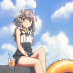  1girl absurdres black_one-piece_swimsuit blue_sky casual_one-piece_swimsuit cloud cup day disposable_cup drinking_straw grey_eyes grey_hair hair_ornament highres i-201_(kancolle) innertube kantai_collection long_hair low_twintails official_alternate_costume one-piece_swimsuit outdoors polka_dot polka_dot_swimsuit sitting sky solo swimsuit twintails vorisar x_hair_ornament 