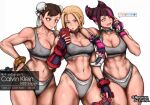  3girls abs biceps black_hair blonde_hair bracelet breasts calvin_klein cameltoe cammy_white cellphone choker chun-li cleavage collar controller dualsense dualshock fingerless_gloves game_controller gamepad gloves grey_panties grey_sports_bra hair_horns han_juri hershuar highleg highleg_panties jewelry multicolored_hair multiple_girls muscular muscular_female navel panties pendant_choker phone playstation_controller smartphone spiked_bracelet spiked_collar spikes sports_bra stomach streaked_hair street_fighter street_fighter_6 thighs underwear underwear_writing 