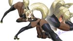  1girl absurdres animal_ear_fluff animal_ears ass black_bodysuit black_footwear black_gloves blonde_hair bodysuit boots breasts commission dark_persona dog_days elbow_gloves fingerless_gloves fox_ears fox_girl fox_tail gloves hair_ribbon highres jack-o&#039;_challenge large_breasts parted_bangs pixiv_commission ponytail rantia red_ribbon ribbon skin_tight tail thigh_boots yellow_eyes yukikaze_panettone 
