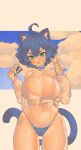  animal_humanoid bandage big_breasts blue_eyes blue_hair blush breasts cat_humanoid cleavage clothed clothing credit_card felid felid_humanoid feline feline_humanoid female gesture hair hi_res huge_breasts huge_thighs humanoid mammal mammal_humanoid navel open_mouth pincerpencil smile solo tail thick_thighs unknown_character v_sign wide_hips 