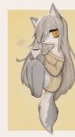  1girl :3 animal_ears animal_feet animal_nose barefoot body_fur border bottomless closed_mouth coffee commentary cup drink full_body furry furry_female grey_border grey_fur grey_hair hair_between_eyes happy holding holding_cup holding_drink knees_up legs_together long_hair looking_at_viewer mug off-shoulder_sweater off_shoulder orange_eyes original outside_border sidelocks simple_background sitting smile solo steam sweater tail two-tone_fur uyu_(soda_uyu) very_long_hair white_fur wolf_ears wolf_girl wolf_tail yellow_eyes yellow_sweater 