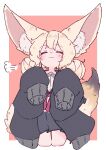  1girl :3 =3 absurdres animal_ear_fluff animal_ears black_jacket black_skirt blonde_hair closed_eyes commentary double_bun facing_viewer fox_ears fox_girl fox_tail full_body hair_bun highres jacket large_ears long_hair megateru open_clothes open_jacket original oversized_clothes simple_background skirt sleeves_past_fingers sleeves_past_wrists smile solo tail 