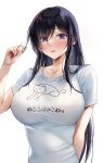  1girl absurdres alice_gear_aegis arm_behind_back black_hair blush breasts clothes_writing commentary_request hand_up heart heart-shaped_pupils highres kagome_misaki large_breasts long_hair looking_at_viewer parted_lips playing_with_hair purple_eyes puru_(ex-150) shirt simple_background solo straight_hair symbol-shaped_pupils white_background white_shirt 