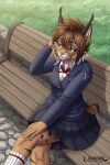  2023 5_fingers anthro bench bottomwear breasts brown_body brown_fur brown_hair clothed clothing ear_piercing felid feline female fingers footwear fur hair heresy_(artist) hi_res humanoid_hands lancer:_the_knights_of_fenris lynx mammal mika_fadeneir miniskirt multicolored_body multicolored_fur park_bench piercing pink_nose school_uniform skirt smile socks solo spots spotted_body spotted_fur two_tone_body two_tone_fur uniform white_body white_fur 