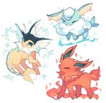  alternate_element animal_focus antennae bad_id bad_twitter_id charamells closed_eyes closed_mouth fins flareon highres jolteon no_humans pokemon pokemon_(creature) red_fur simple_background sparkle vaporeon white_background 