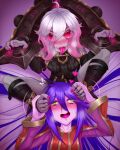  ahoge blush briar_(league_of_legends) colored_sclera colored_skin drooling fingernails foot_on_another&#039;s_face grey_hair hair_between_eyes highres league_of_legends long_hair lulu_(league_of_legends) multicolored_hair multiple_girls oldlim open_mouth pink_hair pointy_ears purple_hair purple_skin sharp_fingernails sharp_teeth streaked_hair teeth two-tone_hair vampire wrist_cuffs yordle 